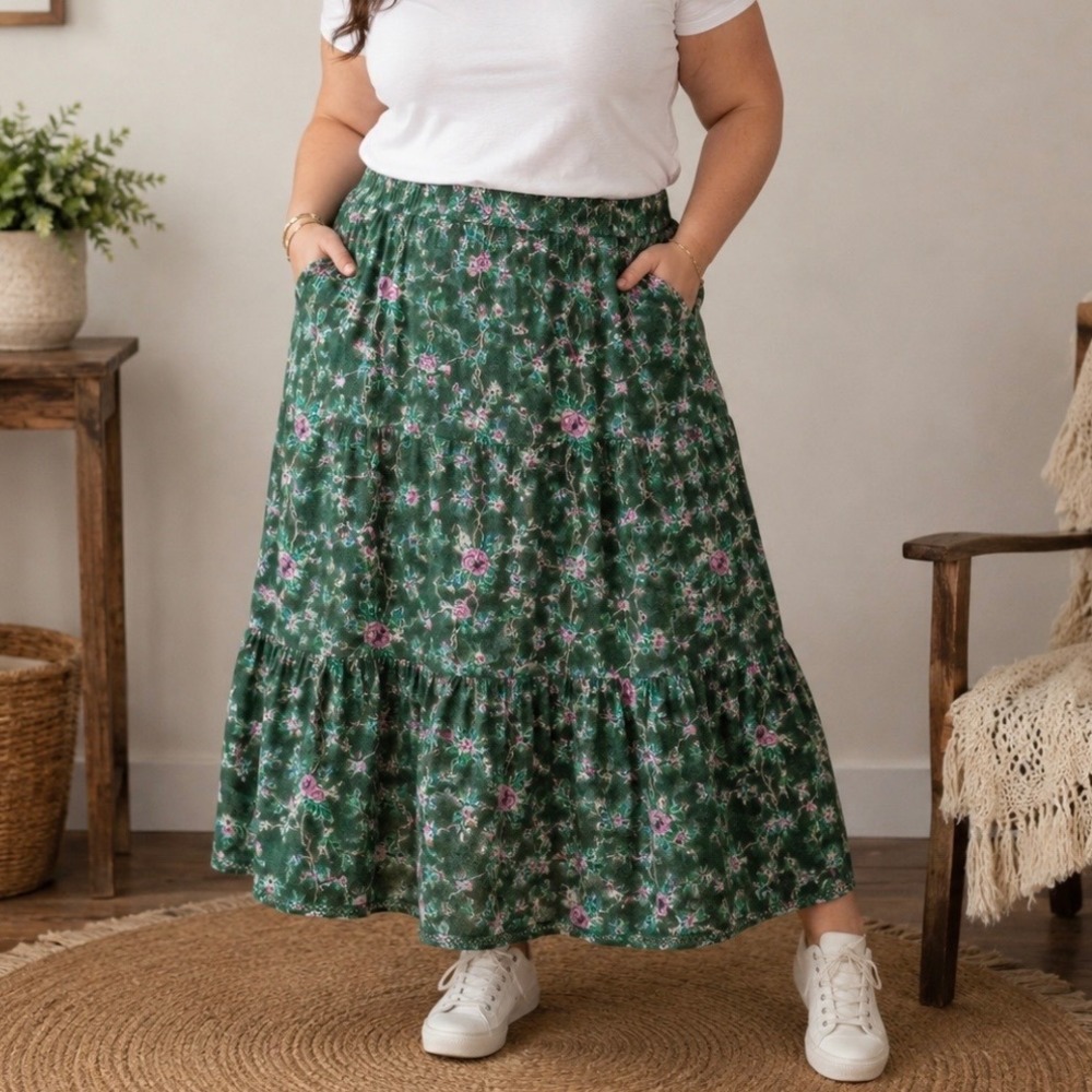 NWT Lane Bryant Tiered Pull On Maxi Skirt 26/28 Pockets Floral Cotton Eyelet Hem
